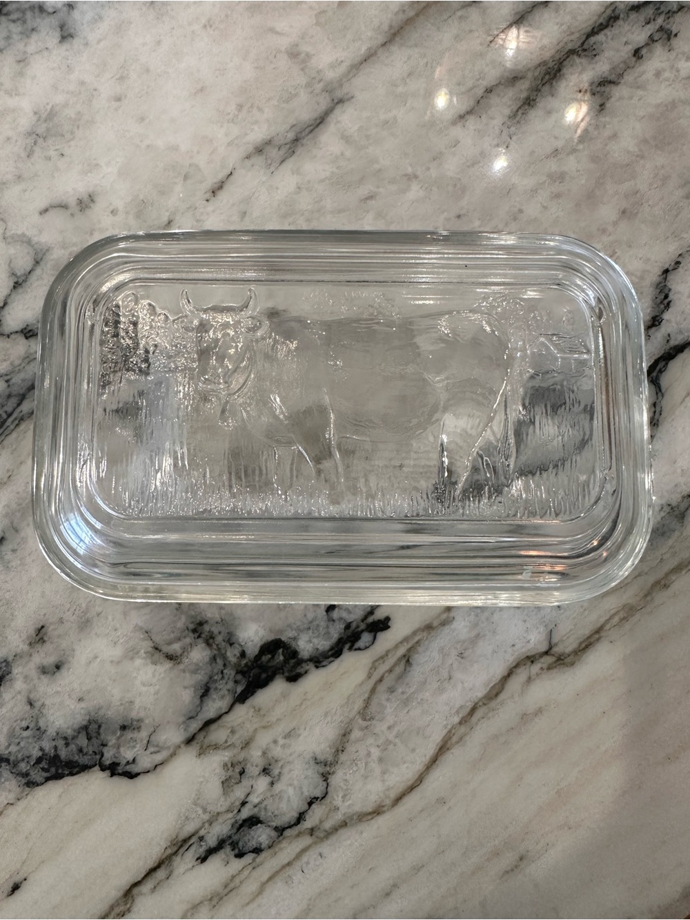 Vintage Clear Glass Butter Dish Embossed Cow Covered Server, Arcoroc France